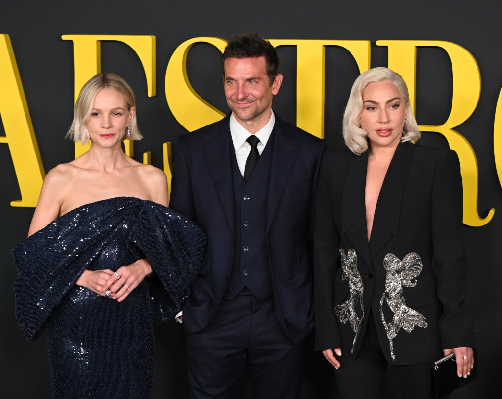 LOS ANGELES, CALIFORNIA - DECEMBER 12: (L-R) Carey Mulligan, Bradley Cooper and Lady Gaga attend Netflix's "Maestro" Los Angeles photo call at Academy Museum of Motion Pictures on December 12, 2023 in Los Angeles, California. (Photo by Andrew Toth/FilmMagic)
