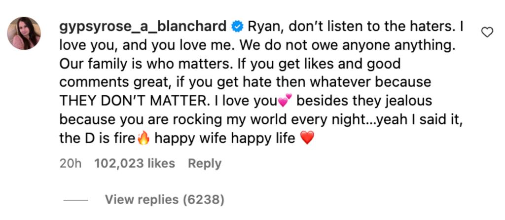 Screenshot of Gypsy Rose Blanchard and her husband Ryan Anderson's exchange on Instagram