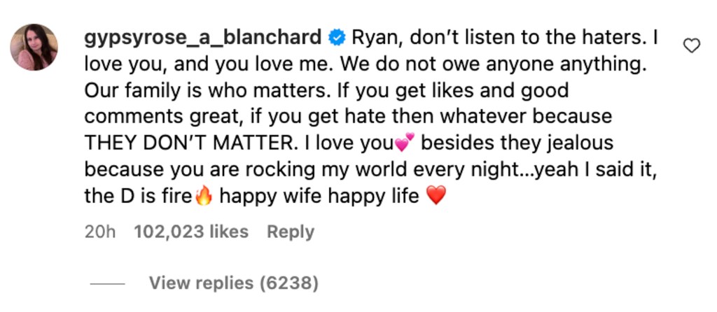 Screenshot of Gypsy Rose Blanchard and her husband Ryan Anderson's exchange on Instagram