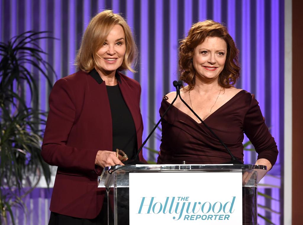 Jessica Lange and Susan Sarandon on stage at Hollywood Reporter's Annual Women in Entertainment Breakfast in 2016.