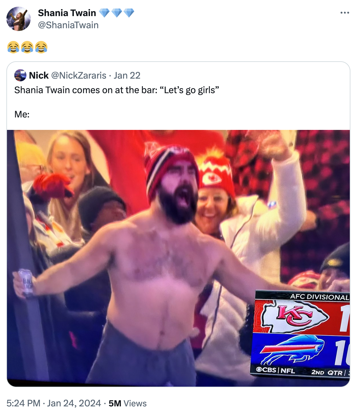 Shania Twain reacts to shirtless Jason Kelce meme that used lyrics from her song