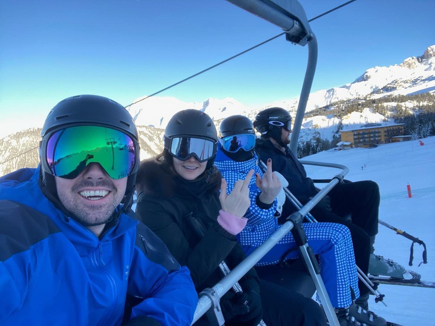 A selfie of Sophie Turner and Peregrine Pearson with two friends on a ski lift