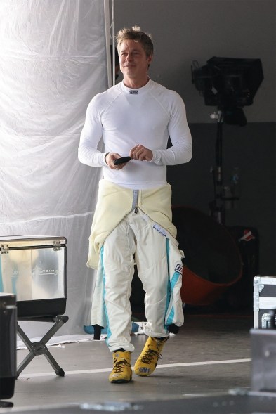 EXCLUSIVE: Brad Pitt is seen filming scenes for his new F1 racing movie Apex at the iconic Daytona International Speedway track in Florida.