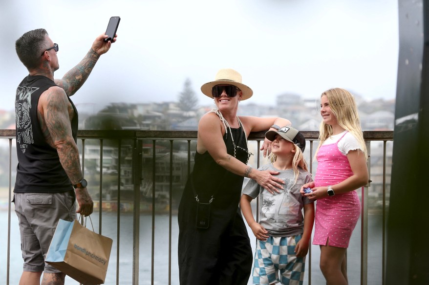 TICKLED WITH PINK: Carey Hart finds the perfect angle  of wife Pink (from left) and kids Jameson, 7, and Willow, 12, in Australia.