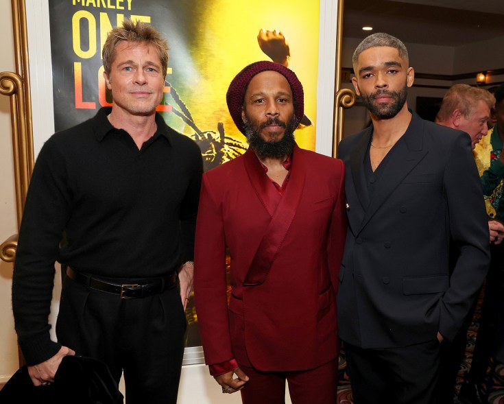 JAM TIME: Brad Pitt (from left) attends the LA premiere of  “Bob Marley: One Love” with the singer’s son Ziggy Marley and Kingsley Ben-Adir, who plays the titular role.