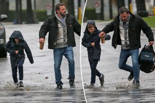 Ben Affleck and his son Samuel in the rain split image.