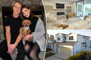 Olivia Culpo Christian McCaffrey with their home split image.