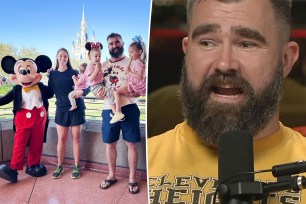 A split photo of Jason Kelce and kylie Kelce posing with their three daughters at Disney World and Jason Kelce talking into a mic