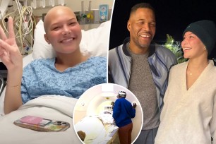 A split photo of Isabella Strahan in a hospital bed and Michael Strahan posing with Isabella Strahan and a small photo of Isabella Strahan getting an MRI