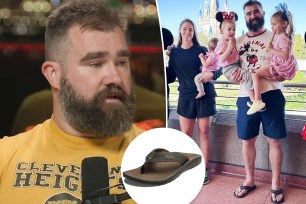 Jason Kelce filming a podcast split with a photo of his family at DisneyWorld with an inset of flip flops