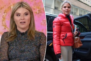 A split photo of Jenna Bush Hager talking and Jenna Bush Hager walking out of a car