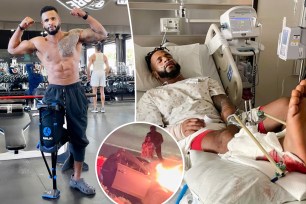 A split photo of Nelson Thomas shirtless walking and Nelson Thomas in a hospital bed and a small photo of Nelson Thomas' car crash