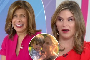 A split photo of Hoda Kotb laughing and Jenna Bush Hager talking and a small photo of Jenna Bush Hager holding Hal Hager