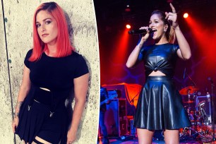 A split photo of Cassadee Pope posing and Cassadee Pope singing on stage