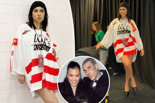 Two split photos of Kourtney Kardashian posing in a jersey without pants and a small photo of Kourtney Kardashian and Travis Barker posing together