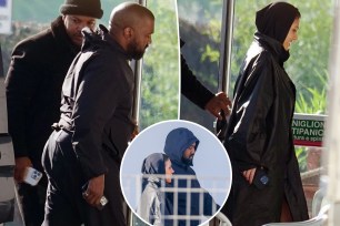 A split photo of Kanye West getting out of a car and Bianca Censori walking and a small photo of Kanye West and Bianca Censori walking together