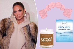 Jennifer Lopez in a hoodie and fur coat split with images of a sleeping mask, candle and sheet face masks