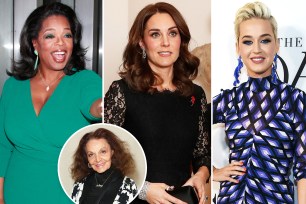 A split image of Oprah, Kate Middleton, Diane von Furstenberg and Katy Perry