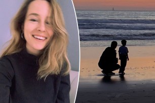 Bridgit Mendler split image at the beach with her son.