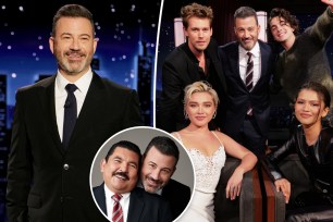 A split photo of Jimmy Kimmel talking and Jimmy Kimmel posing with Austin Butler, Zendaya, Timothee Chalamet and Florence Pugh