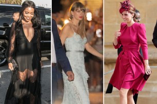 A split image of Gabrielle Union, Kate Middleton and Taylor Swift wearing dresses