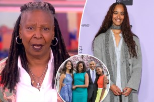 A split photo of Whoopi Goldberg talking and Malia Obama posing and a small photo of the Obama family