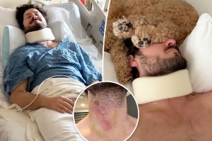 A split photo of Val Chmerkovskiy in a hospital bed, Val Chmerkovskiy in a neck brace and Val Chmerkovskiy's scar on his neck