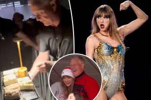 A split photo of Scott Swift giving sandwiches and Taylor Swift dancing and a small photo of Taylor Swift and Scott Swift together