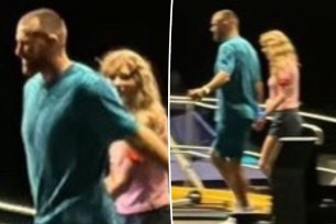 Two split photos of Taylor Swift and Travis Kelce holding hands on a marina