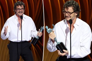 Two split photos of Pedro Pascal accepting an award at the 2024 Sag Awards