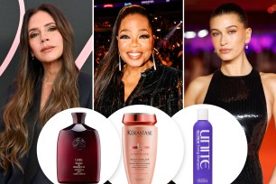 Victoria Beckham, Oprah and Hailey Bieber with insets of three shampoo bottles