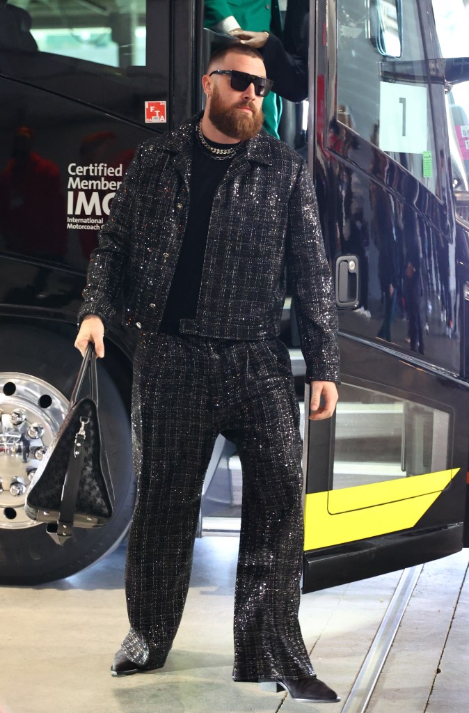 travis kelce arriving to super bowl 2024