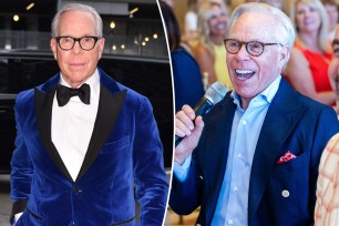 Tommy Hilfiger in navy blue velvet jacket on left and Tommy on right with microphone.