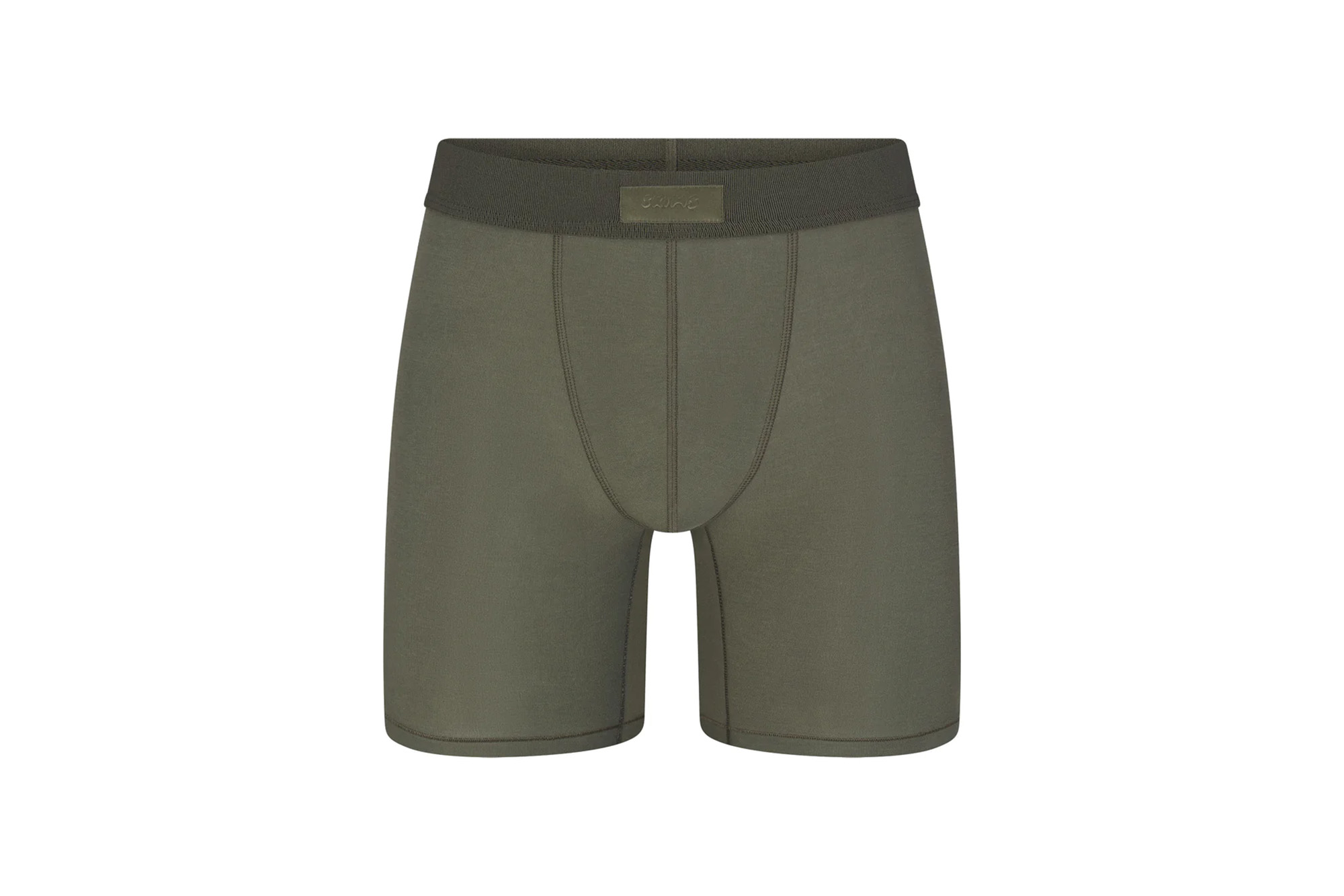 An olive green pair of boxers