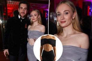 Peregrine Pearson and Sophie Turner, with an inset of a crop top and skirt set