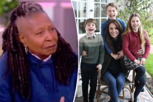 A split photo of Whoopi Goldberg on "The View" and Kate Middleton posing with her three kids
