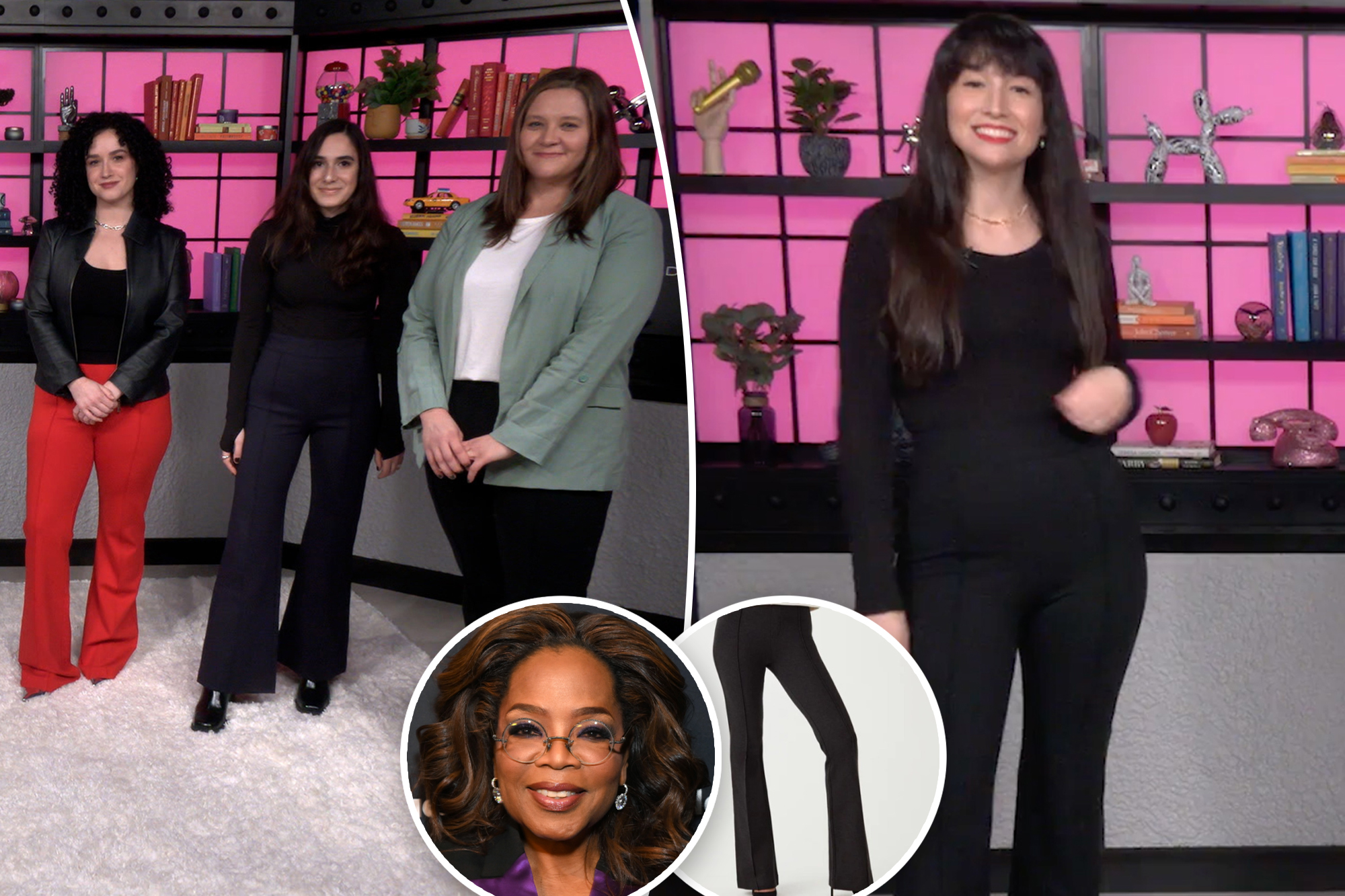 Two photos Page Six Staffers wearing Spanx pants with an inset photo of Oprah and of the pants