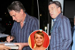 Two split photos of Billy Baldwin walking with a head wound and a small photo of Sharon Stone smiling