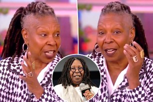 Two split photos of Whoopi Goldberg on "The View" and a small photo of Whoopi Goldberg smiling