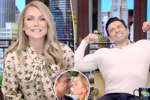 A split photo of Kelly Ripa on "Live" and Mark Consuelos flexing his muscles and a small photo of Kelly Ripa kissing Mark Consuelos