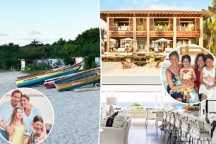 A split photo of Jenna Bush Hager's Instagram Story of boats on a beach and a small photo of Jenna Bush Hager and Henry Hager with their kids and a large photo of the Rosewood Mayakoba and a small photo of Hoda Kotb posing with her sister and two daughters