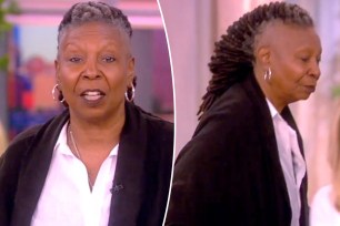 A split photo of Whoopi Goldberg talking on "The View" and Whoopi Goldberg walking on "The View"