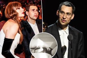 Jack Antonoff and Taylor Swift at Grammy Awards/Antonoff accepting his Grammy/Tortured poets department cover art
