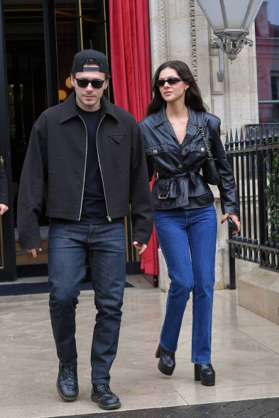 Brooklyn Beckham and Nicola Peltz step out during Paris Fashion Week on March 2, 2024.