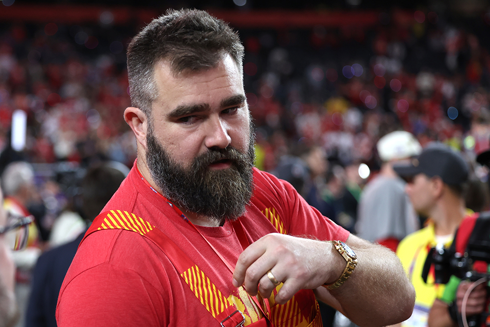 Jason Kelce stands on the field after Super Bowl LVIII between the Kansas City Chiefs and the San Francisco 49ers at Allegiant Stadium on February 11, 2024 in Las Vegas, NV.