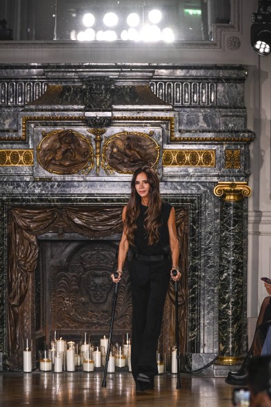 Victoria Beckham takes a bow at her show during Paris Fashion Week on March 1, 2024.