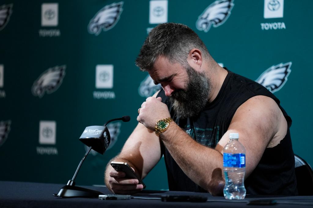 Philadelphia Eagles' Jason Kelce reacts during an NFL football press conference announcing his retirement in Philadelphia, Monday, March 4, 2024. 