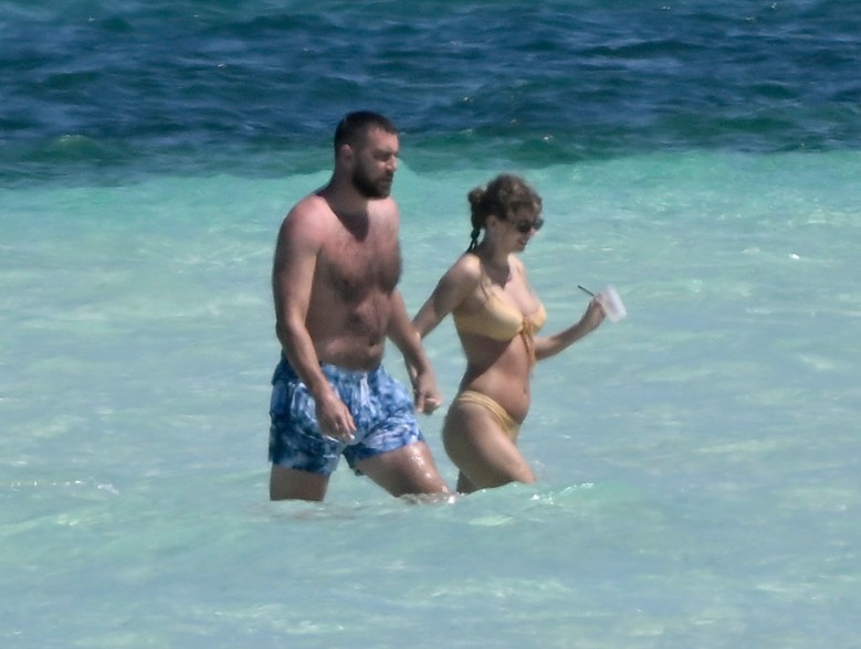 travis kelce shirtless on beach with taylor swift