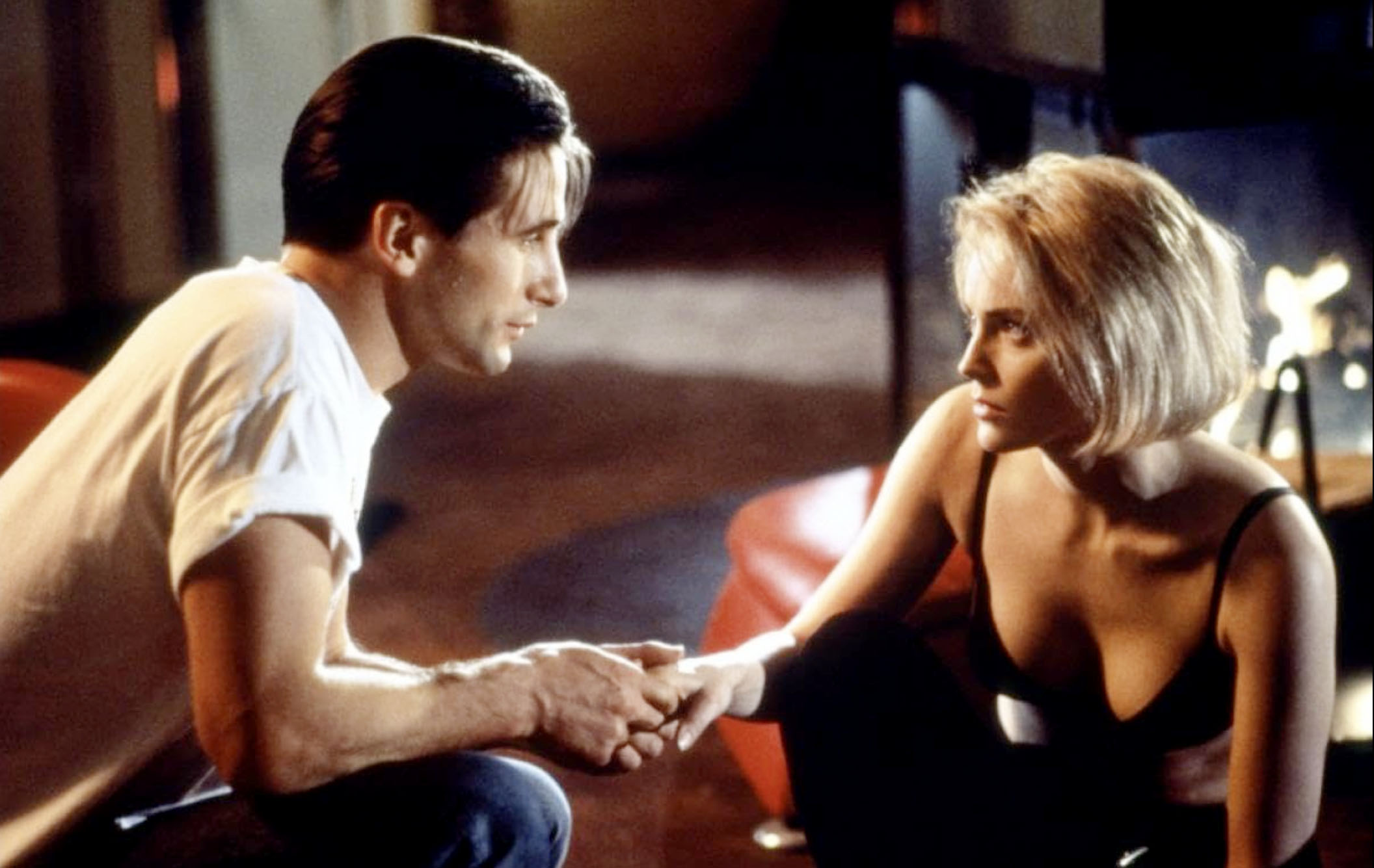 Billy Baldwin and Sharon Stone acting in "Sliver"