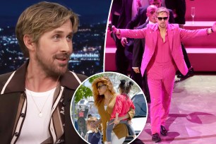 A split photo of Ryan Gosling talking and Ryan Gosling performing at the Oscars and a small photo of Eva Mendes walking with her kids